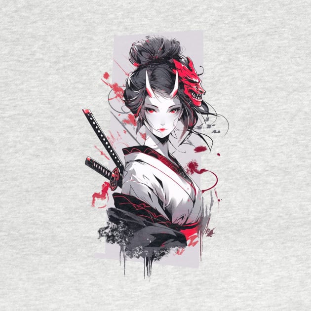 Beautiful girl with horns,  katana,Asian drawing by NemfisArt